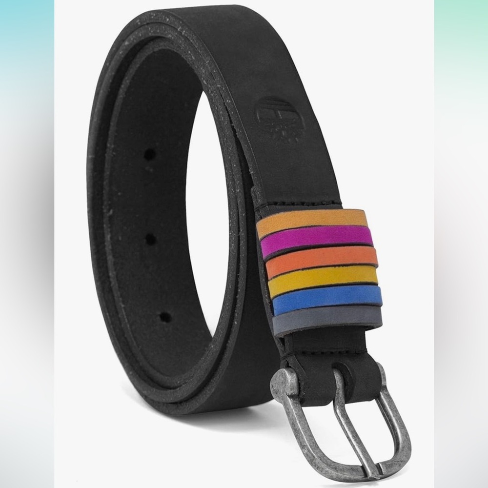 Timberland Black Leather Belt with Multicolor Stripes